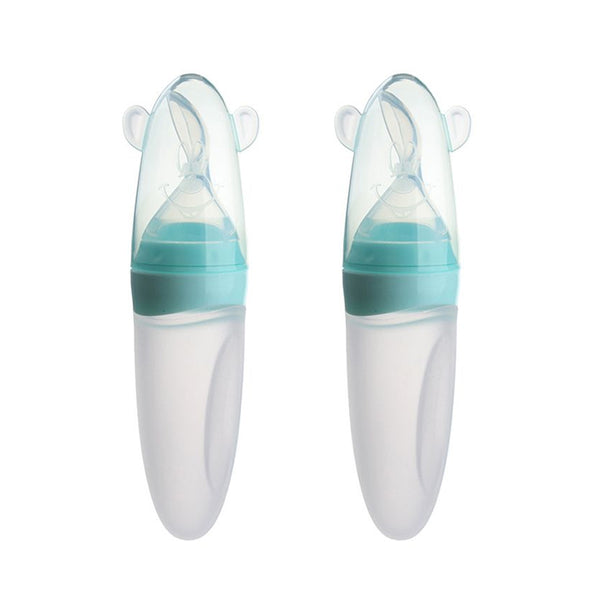 90ML Silicone Baby Squeeze Feeding Bottle with spoon and Lid - Set of 2