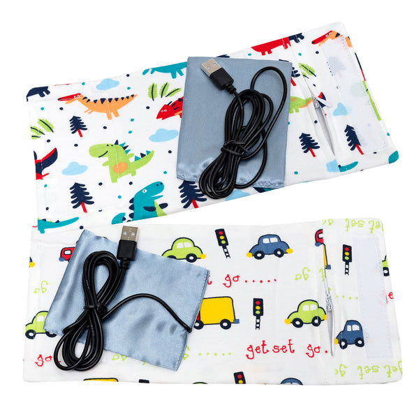 Usb Charging Baby Bottle Warming Cover Set of 2 - Dino & Cars - Rainbow & Cars - Unisex
